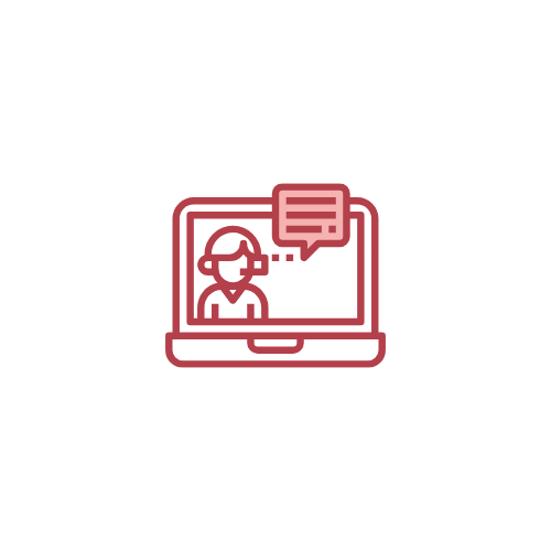 Red icon of a laptop with a person and speech bubble on a white background