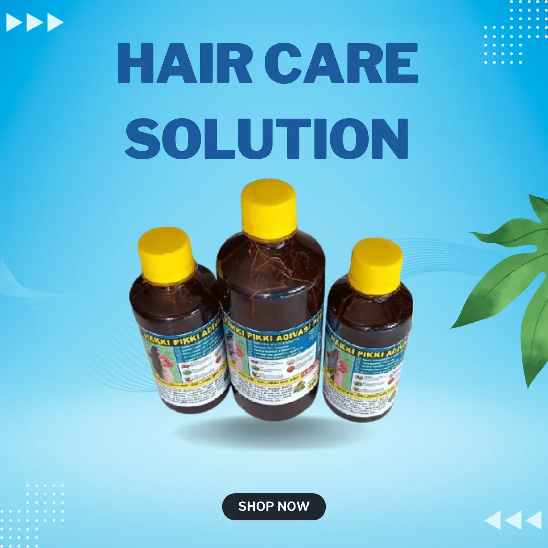 Hakki Pikki Adivasi hair oil for hair growth in three brown bottles with yellow caps on blue background