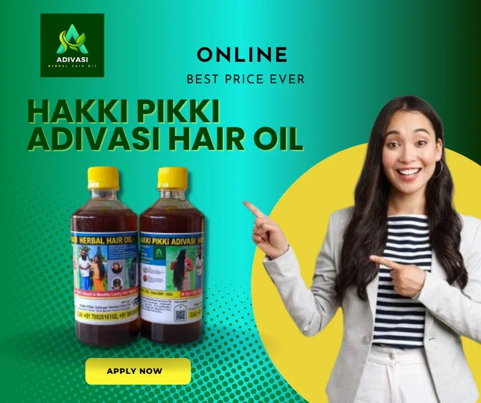 Hakki Pikki Adivasi hair oil for hair growth in three brown bottles with yellow caps on blue background