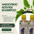 Hakki Pikki shampoo bottles promoting hair growth, reducing hair fall, and fighting dandruff natural hair care