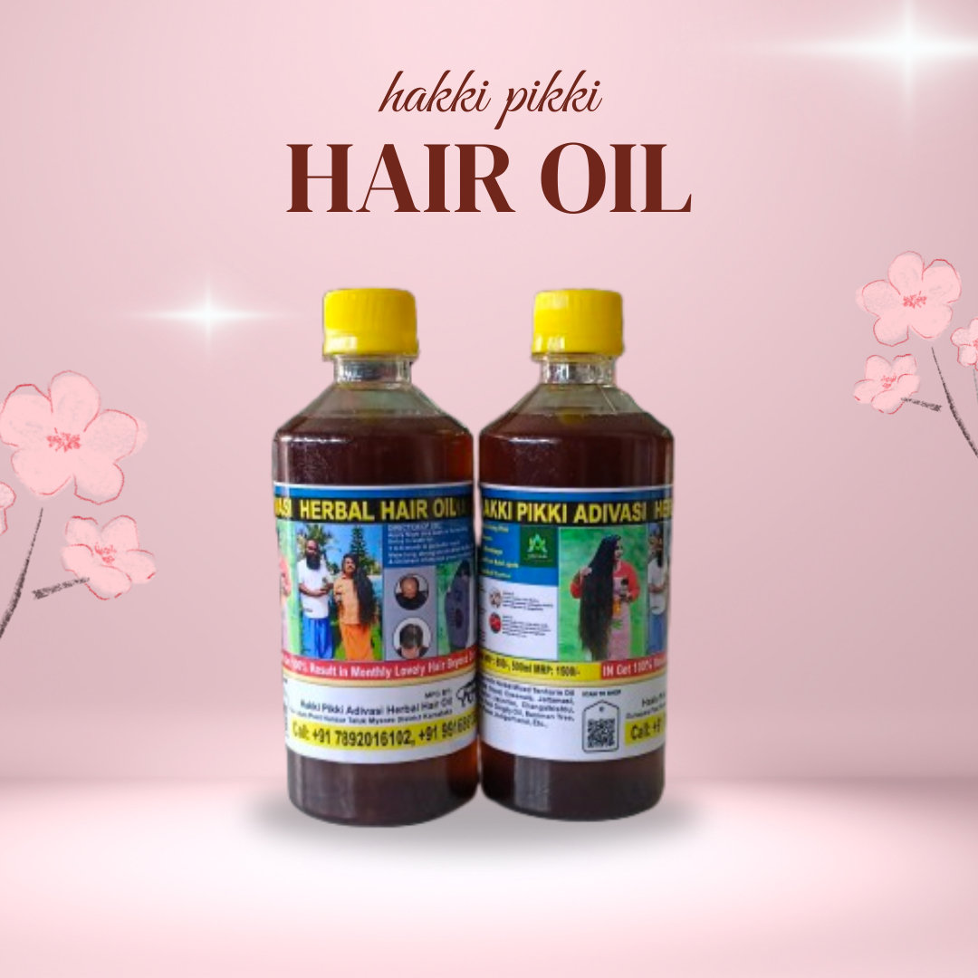 Two bottles of Hakki Pikki hair oil on a pink background with floral elements.